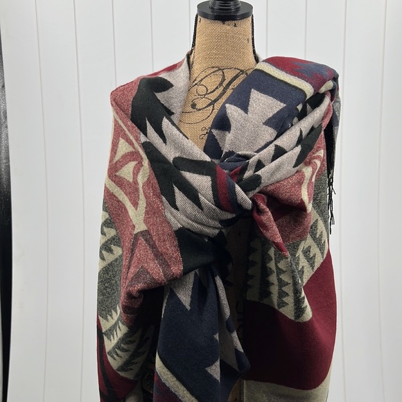 🆕Aztec Shawl Ruana Wrap Multi Color Navy Burgundy Multiple Ways To Wear OS - Picture 8 of 8